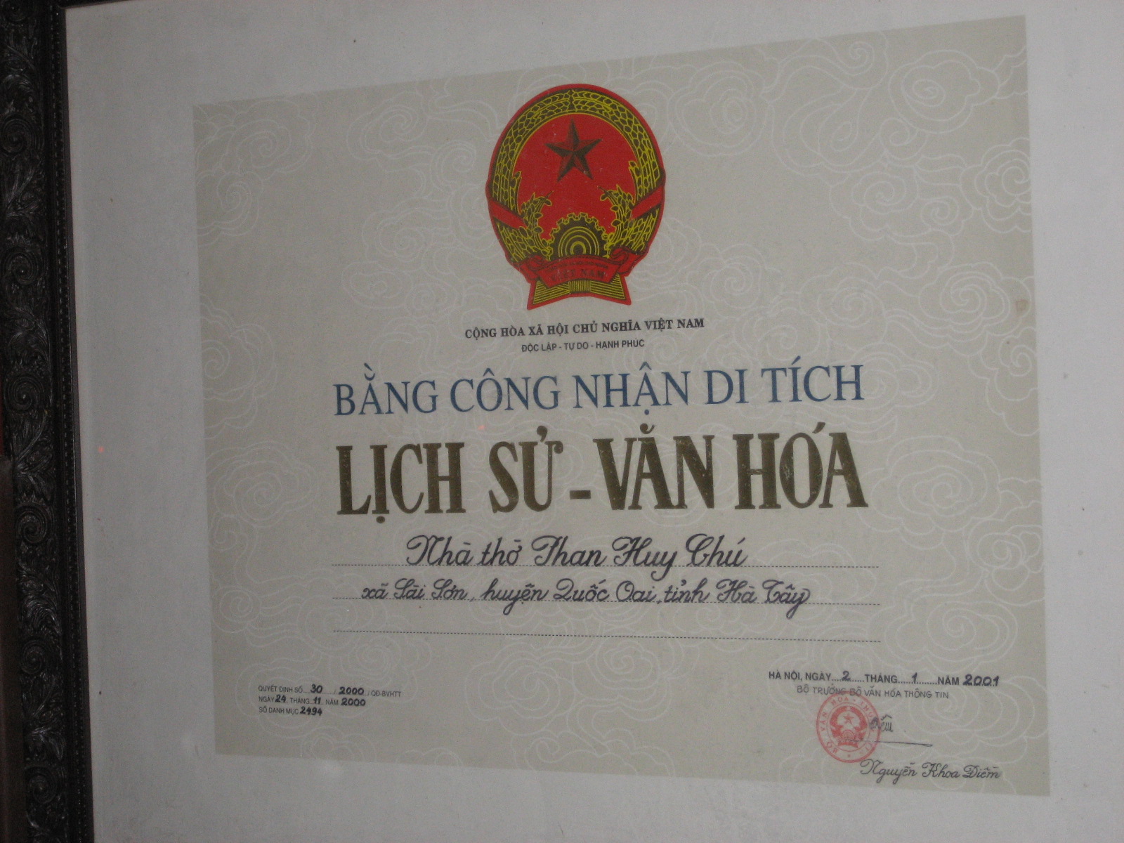 Bằng công nhận di tích Lịch Sử - Văn Hóa - nhà thờ Phan Huy Chú - xã Sài Sơn, huyện Quốc Oai, Hà Nội